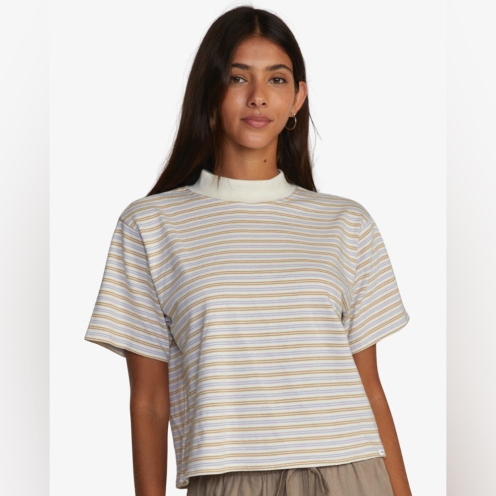 RVCA SELECTS | mock neck boxy cotton striped tee | size large
